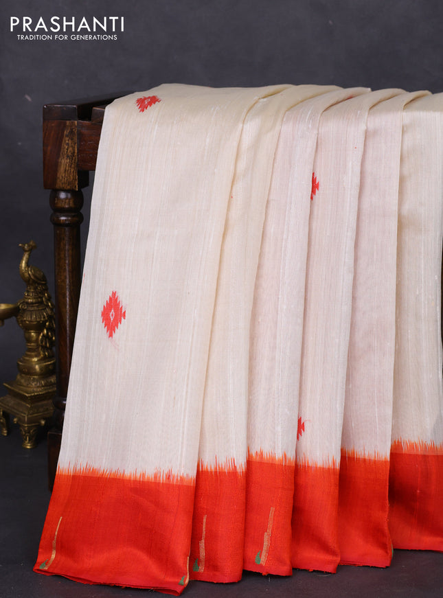 Pure dupion silk saree cream and orange with thread woven buttas and muniya butta style border