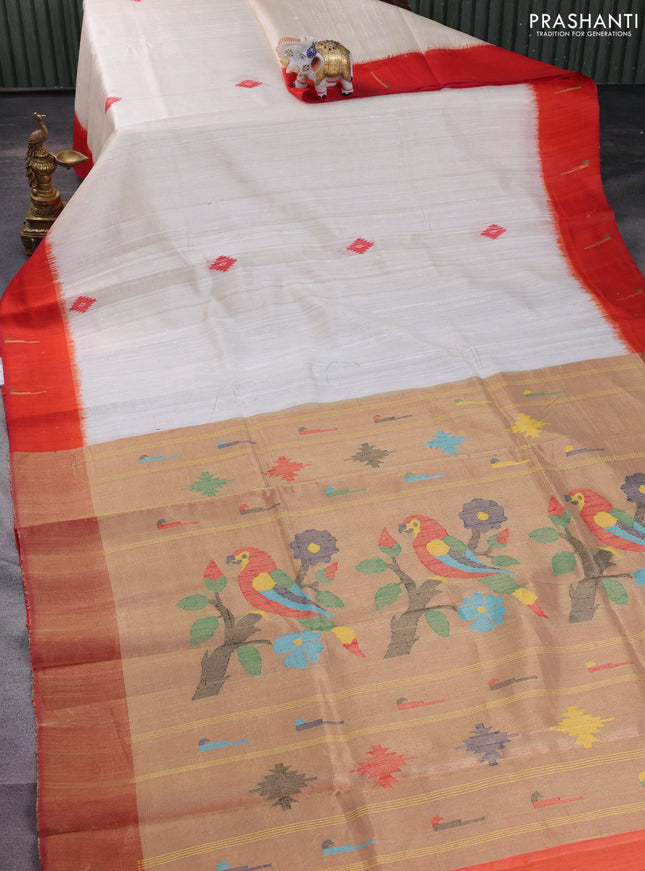 Pure dupion silk saree cream and orange with thread woven buttas and muniya butta style border