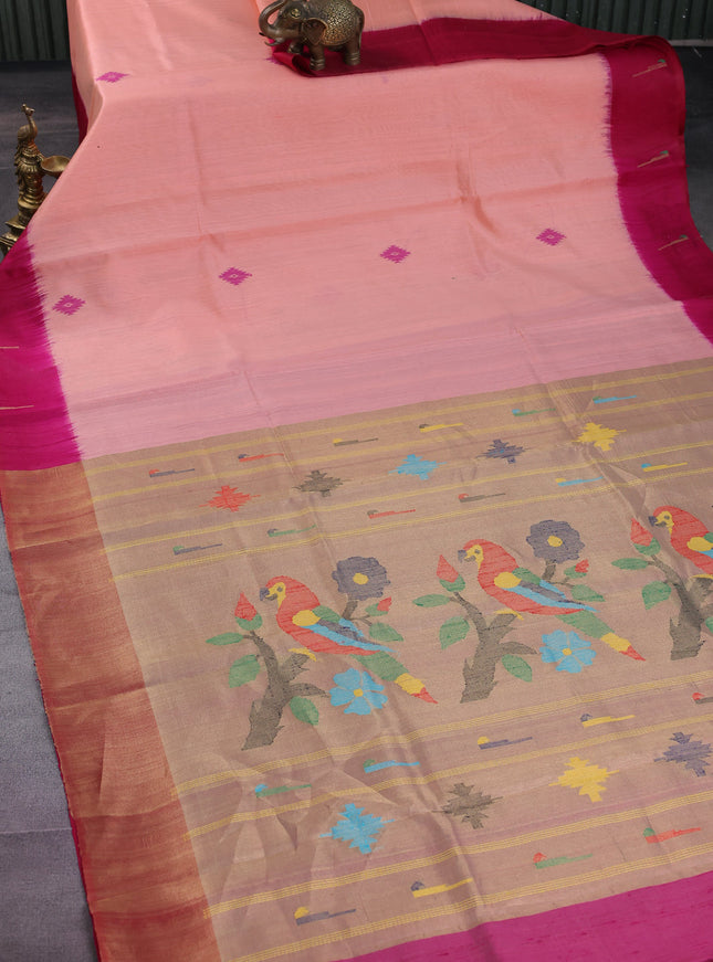 Pure dupion silk saree peach orange and pink with thread woven buttas and muniya butta style border