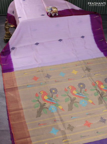 Pure dupion silk saree pastel lavender and purple with thread woven buttas and muniya butta style border