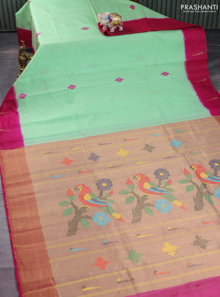 Pure dupion silk saree light green and pink with plain body and muniya butta border