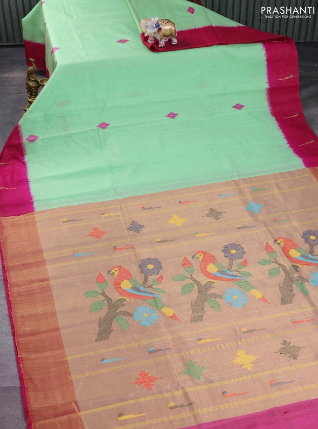 Pure dupion silk saree light green and pink with plain body and muniya butta border