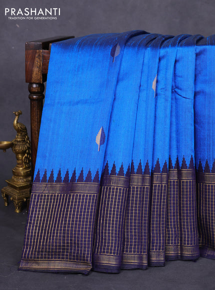 Pure dupion silk saree cs blue and navy blue with thread & zari woven buttas and temple design zari checked border