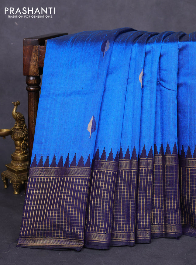 Pure dupion silk saree cs blue and navy blue with thread & zari woven buttas and temple design zari checked border