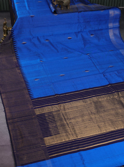 Pure dupion silk saree cs blue and navy blue with thread & zari woven buttas and temple design zari checked border