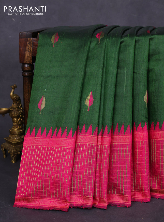 Pure dupion silk saree sap green and pink with thread & zari woven buttas and temple design zari checked border