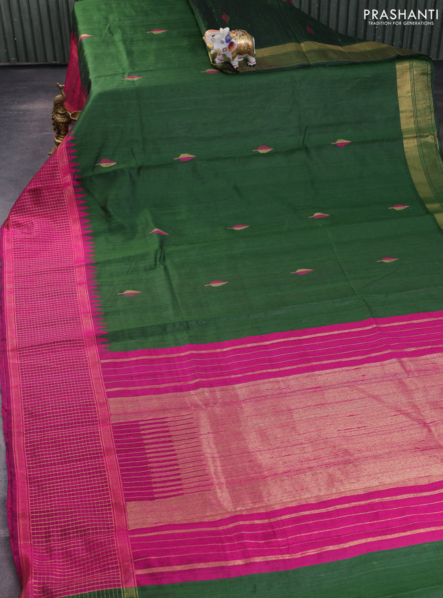 Pure dupion silk saree sap green and pink with thread & zari woven buttas and temple design zari checked border