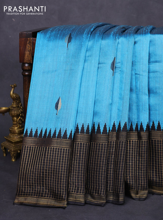 Pure dupion silk saree cs blue and black with thread & zari woven buttas and temple design zari checked border
