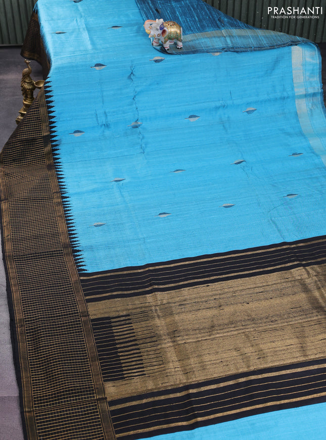 Pure dupion silk saree cs blue and black with thread & zari woven buttas and temple design zari checked border