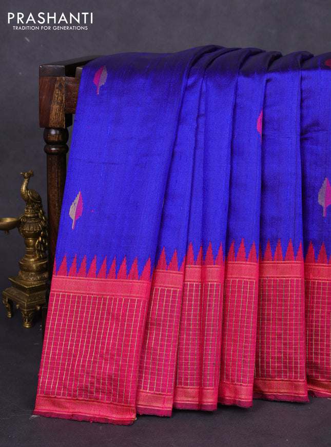 Pure dupion silk saree blue and pink with thread & zari woven buttas and temple design zari checked border