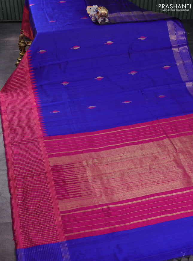 Pure dupion silk saree blue and pink with thread & zari woven buttas and temple design zari checked border