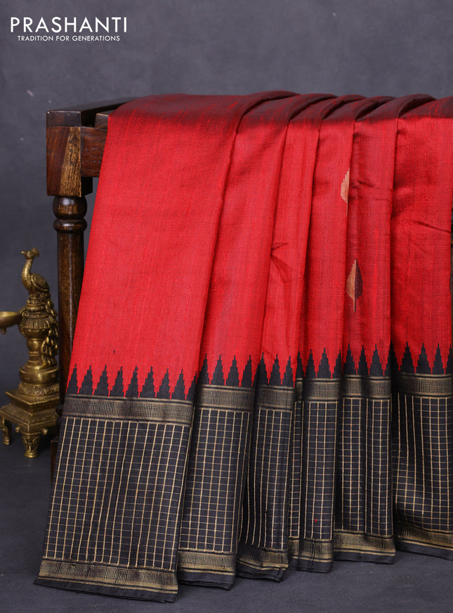 Pure dupion silk saree maroon and black with plain body and temple design zari checked border