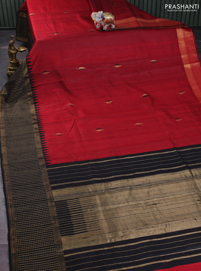 Pure dupion silk saree maroon and black with plain body and temple design zari checked border