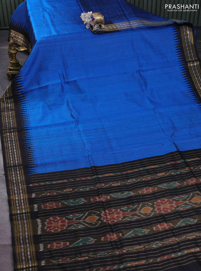 Pure dupion silk saree cs blue and black with plain body and temple design zari woven border
