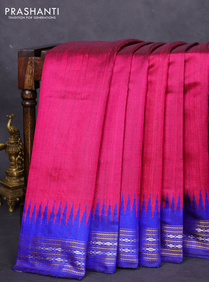 Pure dupion silk saree pink and royal blue with plain body and temple design zari woven border