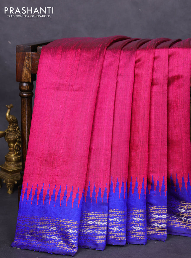 Pure dupion silk saree pink and royal blue with plain body and temple design zari woven border