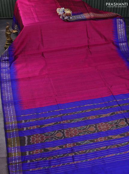 Pure dupion silk saree pink and royal blue with plain body and temple design zari woven border