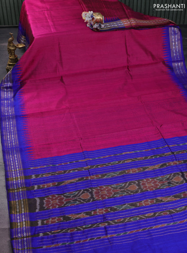 Pure dupion silk saree pink and royal blue with plain body and temple design zari woven border