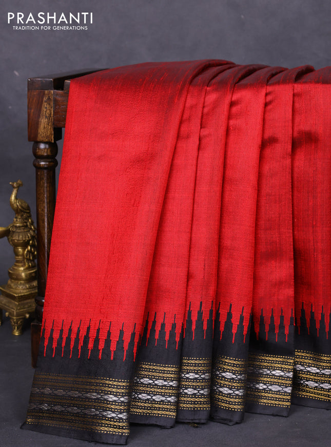 Pure dupion silk saree maroon and black with plain body and temple design zari woven border