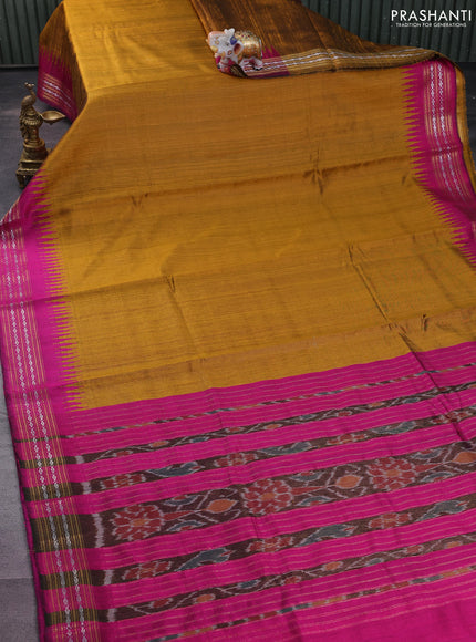 Pure dupion silk saree mustard yellow and magenta pink with plain body and temple design zari woven border