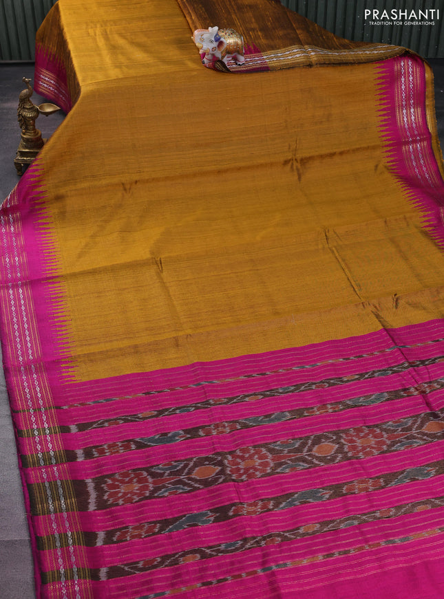 Pure dupion silk saree mustard yellow and magenta pink with plain body and temple design zari woven border