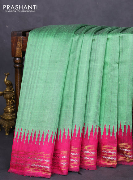 Pure dupion silk saree pastel green and pink with plain body and temple design zari woven border