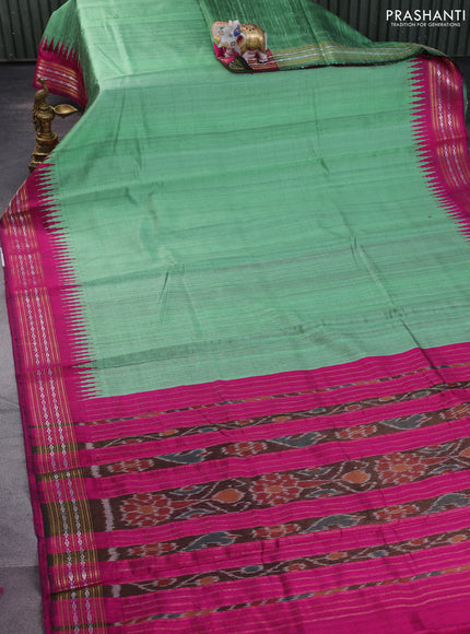 Pure dupion silk saree pastel green and pink with plain body and temple design zari woven border