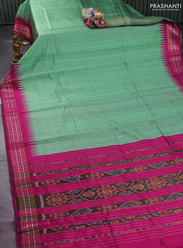 Pure dupion silk saree pastel green and pink with plain body and temple design zari woven border