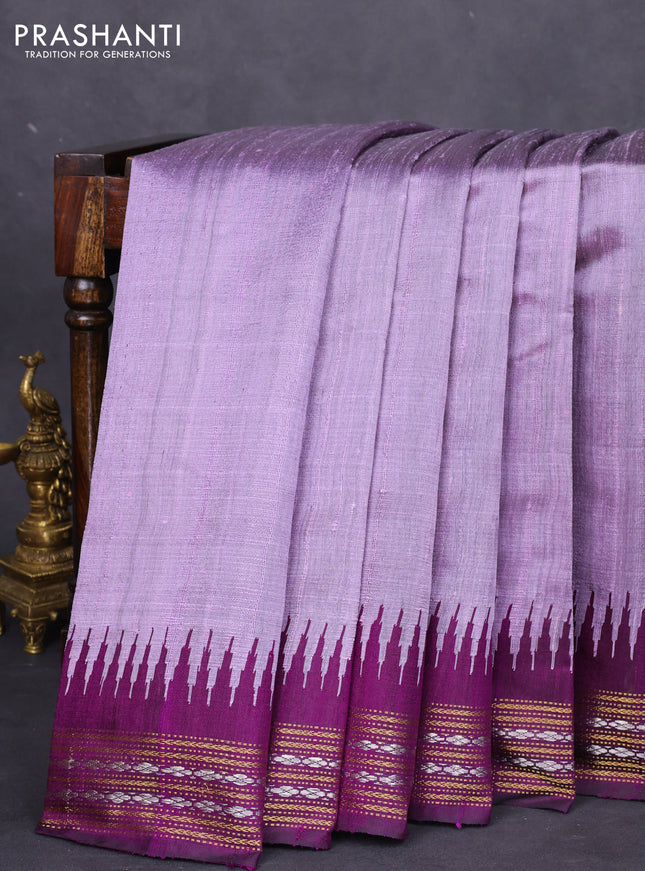 Pure dupion silk saree pastel lavender and deep purple with plain body and temple design zari woven border