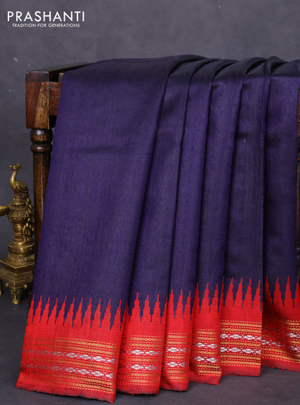 Pure dupion silk saree navy blue and maroon with plain body and temple design zari woven border