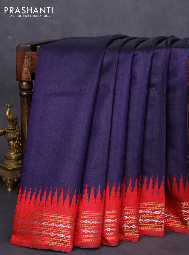 Pure dupion silk saree navy blue and maroon with plain body and temple design zari woven border