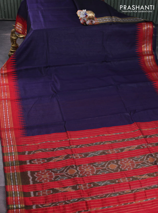 Pure dupion silk saree navy blue and maroon with plain body and temple design zari woven border