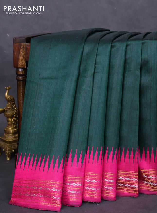 Pure dupion silk saree bottle green and magenta pink with plain body and temple design zari woven border