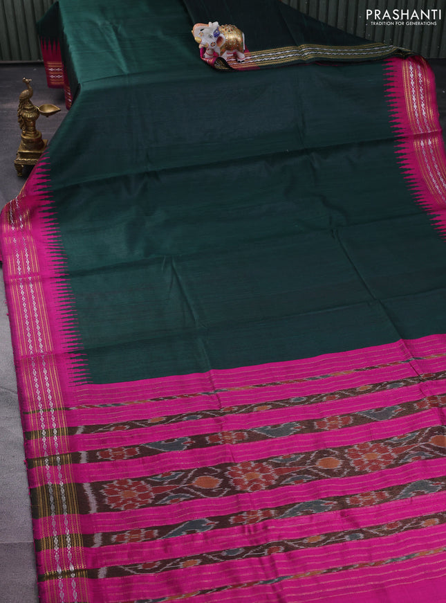 Pure dupion silk saree bottle green and magenta pink with plain body and temple design zari woven border