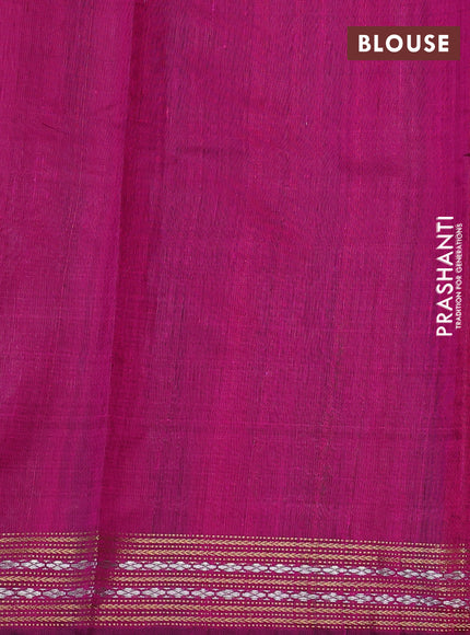 Pure dupion silk saree bottle green and magenta pink with plain body and temple design zari woven border