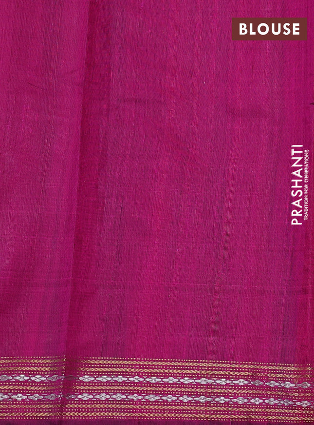 Pure dupion silk saree bottle green and magenta pink with plain body and temple design zari woven border