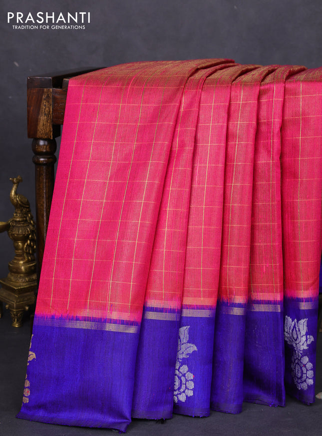 Pure dupion silk saree pink and blue with allover zari checked pattern and zari woven butta border