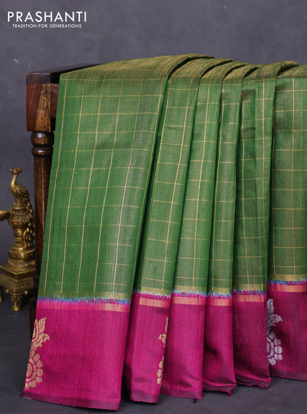 Pure dupion silk saree green and magenta pink with allover zari checked pattern and zari woven butta border