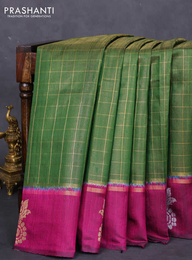 Pure dupion silk saree green and magenta pink with allover zari checked pattern and zari woven butta border