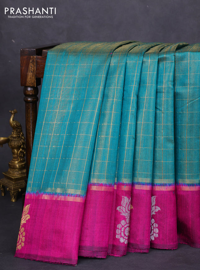 Pure dupion silk saree teal green and purple with allover zari checked pattern and zari woven butta border