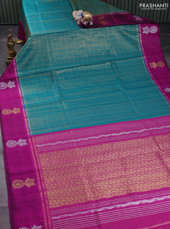 Pure dupion silk saree teal green and purple with allover zari checked pattern and zari woven butta border