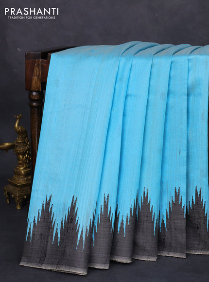Pure dupion silk saree light blue with thread woven buttas and temple design simple border