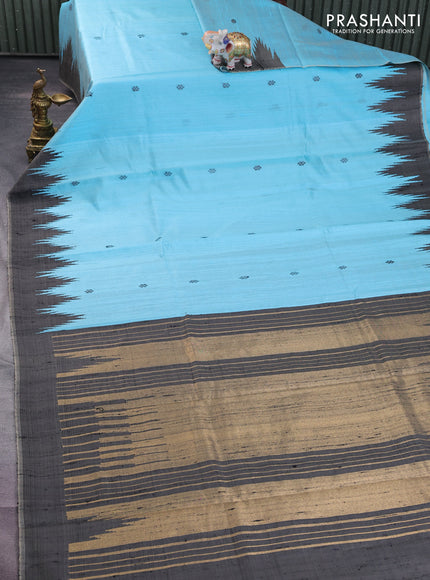 Pure dupion silk saree light blue with thread woven buttas and temple design simple border