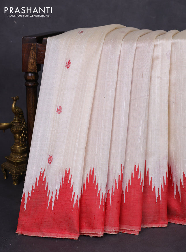 Pure dupion silk saree cream and red with thread woven buttas and temple design simple border