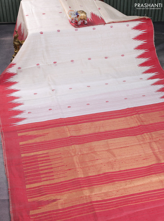 Pure dupion silk saree cream and red with thread woven buttas and temple design simple border