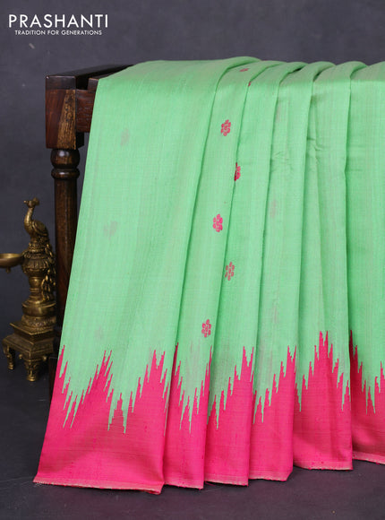 Pure dupion silk saree light green and pink with thread woven buttas and temple design simple border