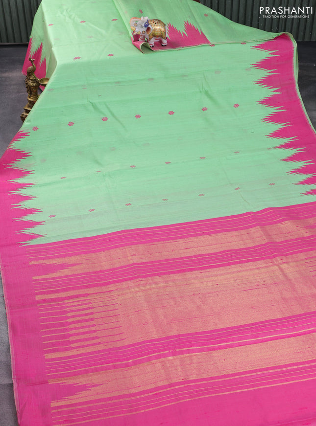 Pure dupion silk saree light green and pink with thread woven buttas and temple design simple border