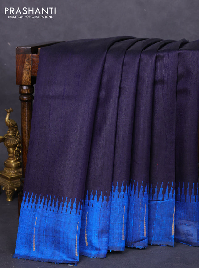 Pure dupion silk saree navy blue and cs blue with plain body and temple design simple border