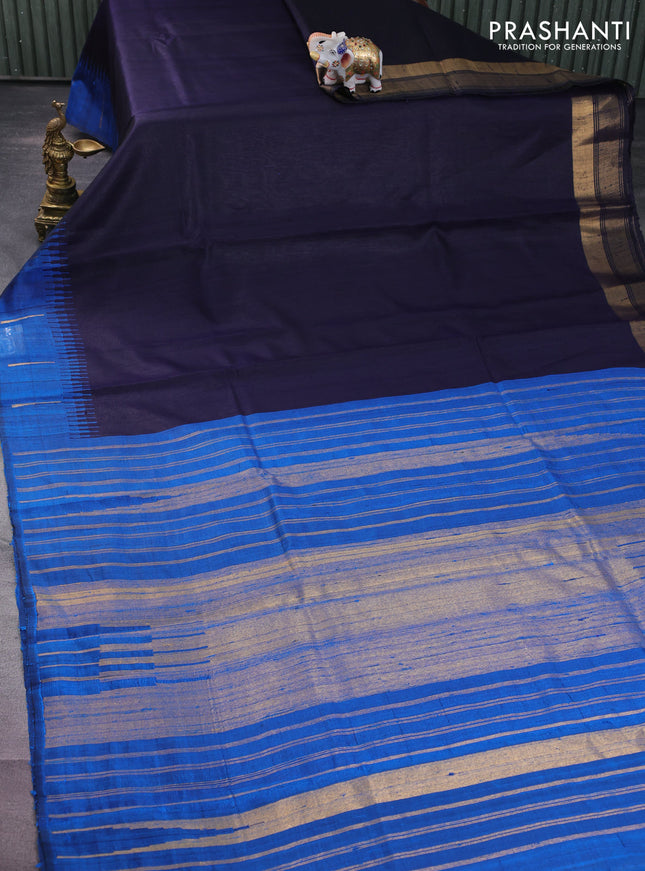Pure dupion silk saree navy blue and cs blue with plain body and temple design simple border