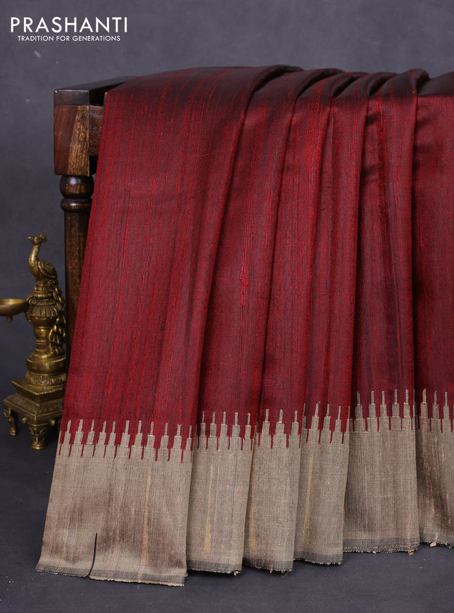 Pure dupion silk saree maroon and grey with plain body and temple design simple border